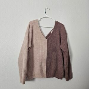 Entro Cozy Two-Tone V-Neck Women’s Sweater - Pink/Brown Sz M